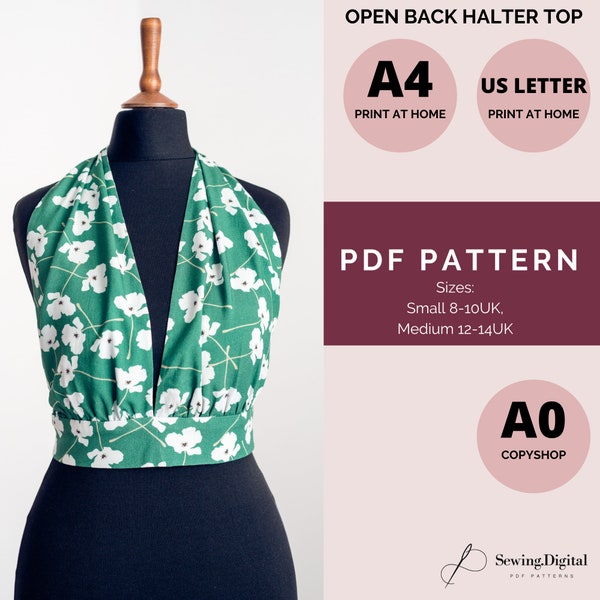 Backless Halter Top PDF Sewing Pattern, Sizes Small 8-10UK 34-36EU, Medium 12-14UK 38-40EU, Digital Pattern, A4 US A0 paper printable