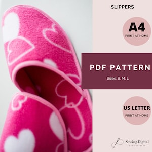 Zapatillas de hombre para mujer Patrón de costura PDF, carta digital A4/US imprimible, zapatillas de habitación DIY, zapatillas acolchadas lavables
