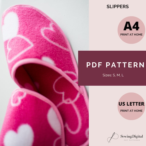 Patron de couture PDF pour femmes et hommes, imprimable numérique A4/US Letter, chaussons de chambre à faire soi-même, chaussons matelassés lavables