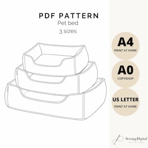 Mönster för DIY-sömnad av husdjursbädd i PDF-format | 3 storlekar | Avtagbar kudde | A4 / US Letter / A0