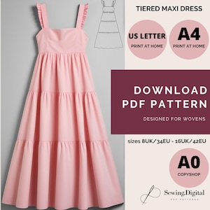 PDF Sewing Pattern for Empire Waist Dress, maxi Length, 3-Tiered Skirt, sizes 8UK/34EU - 16UK/42EU, A4 US Letter A0 Copyshop printable