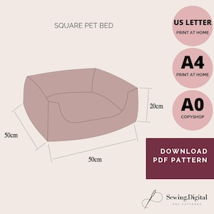 Square Pet Bed Sewing Pattern PDF | Dog & Cat Bed Template | A4, US Letter, A0 Sizes | DIY Pet Bed with Removable Cushion | Instant Download