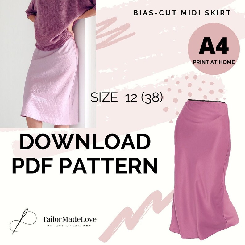 Bias Cut Midi Skirt PDF Sewing Pattern Size 12 satin skirt DIY Etsy