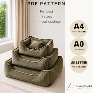 May include: A PDF pattern for a pet bed in 3 sizes and a pet cushion. The image shows three stacked olive green corduroy pet beds with a small matching cushion. Text includes PDF PATTERN, Pet bed, 3 sizes, + pet cushion, A4, A0, and US LETTER.