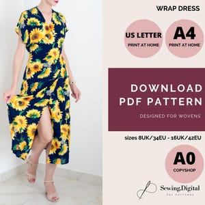 Vintage style wrap dress PDF Sewing Pattern, dropped sleeves midi dress pattern, DIY sewing digital, A4 US Letter A0 printable