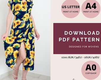 Vintage Style Wrap Dress Sewing Pattern, Dropped Sleeves Midi (PDF Pattern)