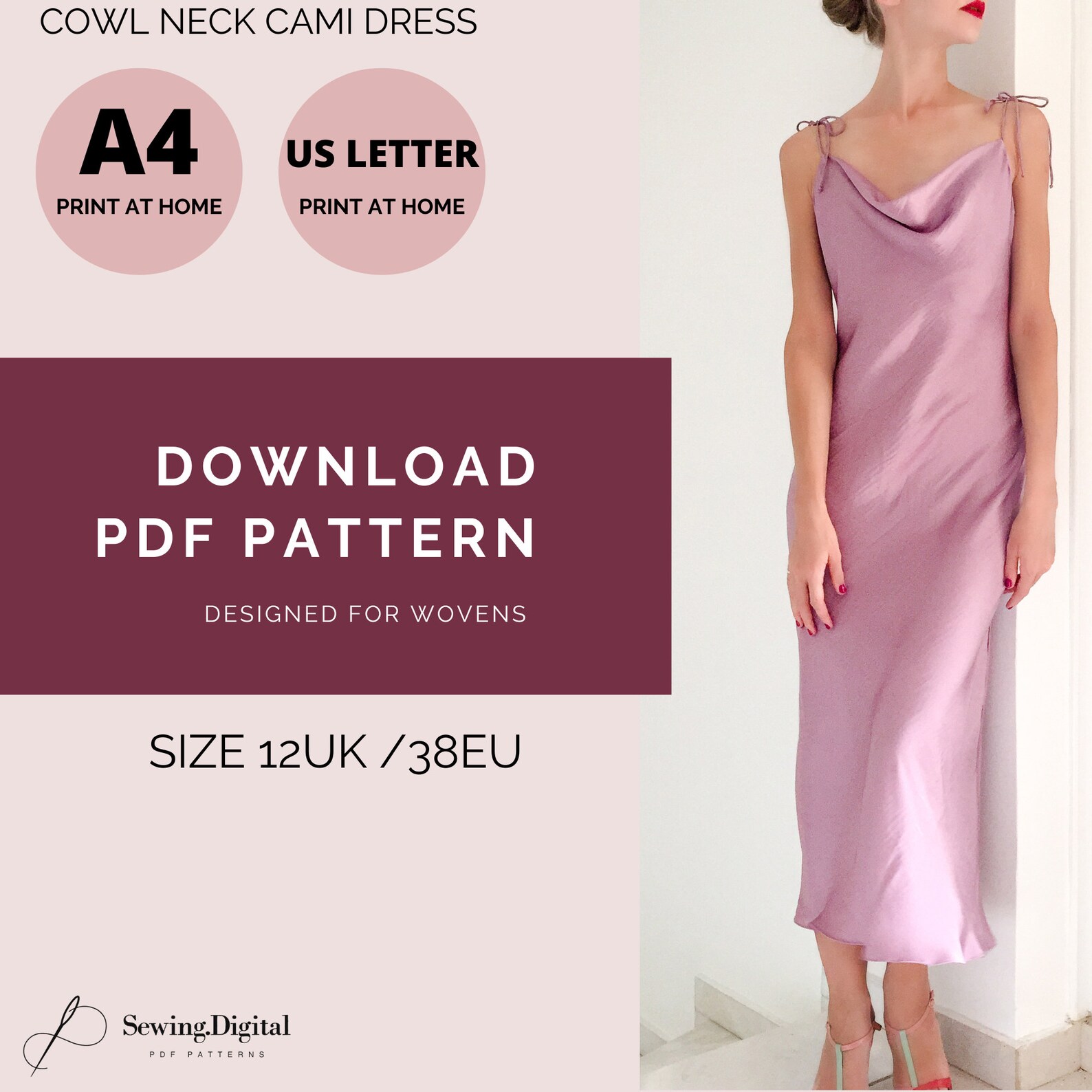 Biascut Slip Dress PDF Sewing Pattern Cowl Neck Cami Dress Etsy