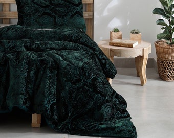 Emerald Green Burnout Velvet Duvet Cover, Boho Bedding Comforter Donna Cover Set, Queen Soft Velvet Comforter Cover, Damask Velvet Bedspread