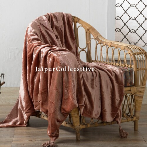 Luxury Crushed Green Velvet Throw Blanket With Tassels Soft Etsy