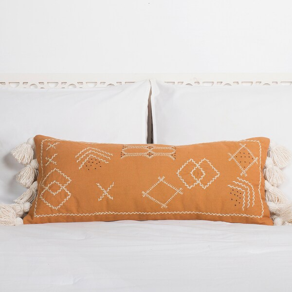 Cactus Silk Lumbar Pillow, Rustic Throw Pillow, Extra Long Lumber Pillow, Linen Cushion, Handmade sabra pillow Moroccan Decor Pillow  12x28