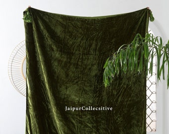 Luxury Crushed Moss Green Velvet Throw Blanket with Tassels Soft Velvet Boho Sofa Throw for Living Room 120X180 Cms UO Christmas Gift