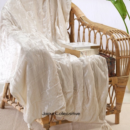 Luxury Crushed Green Velvet Throw Blanket With Tassels Soft Etsy