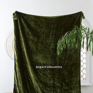 Luxury Crushed Moss Green Velvet Throw Blanket with Tassels Soft Velvet Boho Sofa Throw for Living Room 120X180 Cms UO Christmas Gift