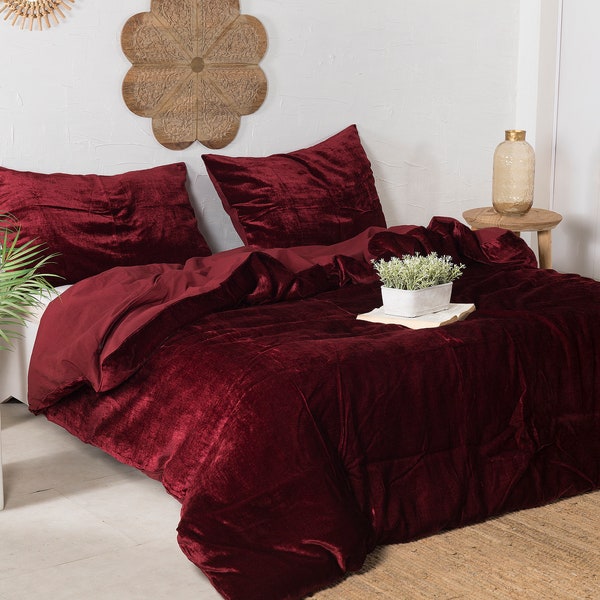 3 Pieces Set Luxury Crushed Velvet Duvet Cover Boho Bedding UO Comforter Cover Donna Cover Quilt Cover Wine Dark Red Duvet Velvet Bedding