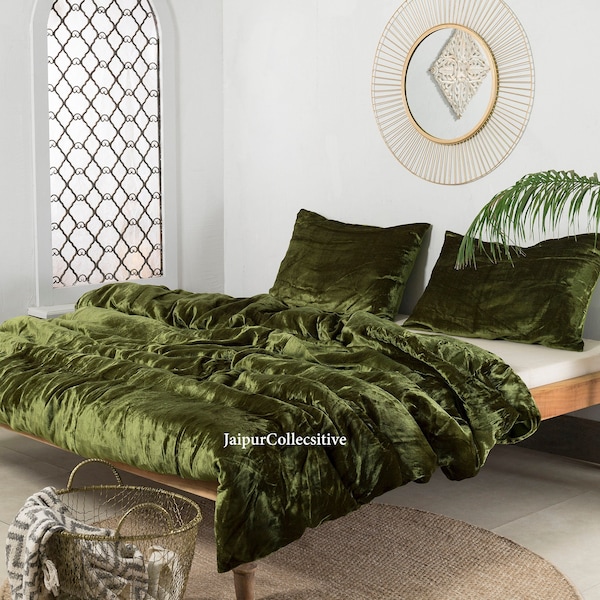 Ensemble de 3 pièces de luxe housse de couette en velours vert mousse, literie bohème, housse de couette UO, housse de couette Donna, literie en velours, très grand lit