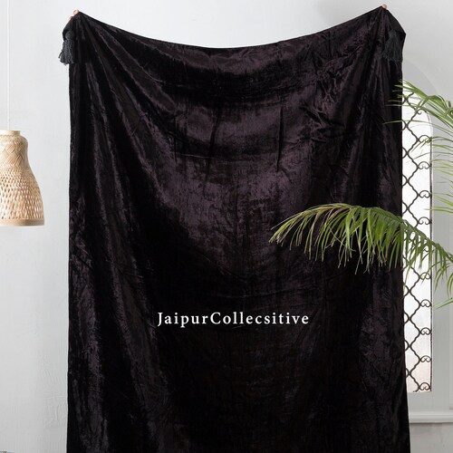 Luxury Crushed Black Velvet Throw Blanket With Tassels Soft Etsy