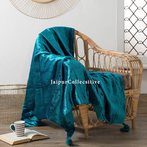 Luxury Crushed Green Velvet Throw Blanket With Tassels Soft Etsy