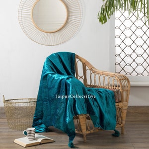 Luxury Crushed Teal Sea Blue Velvet Throw Blanket With Tassels