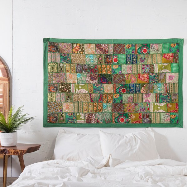 Green Sari Patchwork Wall Hanging Tapestry  Indian Vintage Bohemian Wall Tapestry Art Curtain,Wall Decor Backdrop Art ,Handmade Wall Hanging