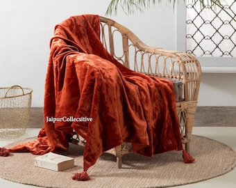 Luxury Crushed Rust Burgundy Velvet Throw Blanket with Tassels Soft Velvet Boho Sofa Throw for Living Room 120X180 Cms Christmas Gift