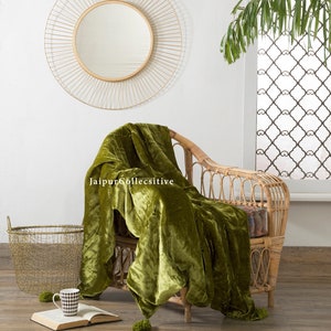 Luxury Crushed Green Velvet Throw Blanket With Tassels Soft Velvet