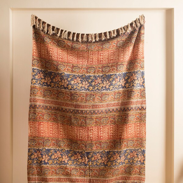 Bohemian Mud Cloth Throw Blanket with Tassels Hand Loomed Block Print Cotton Sofa Throw for Living Room 120X180 Cms