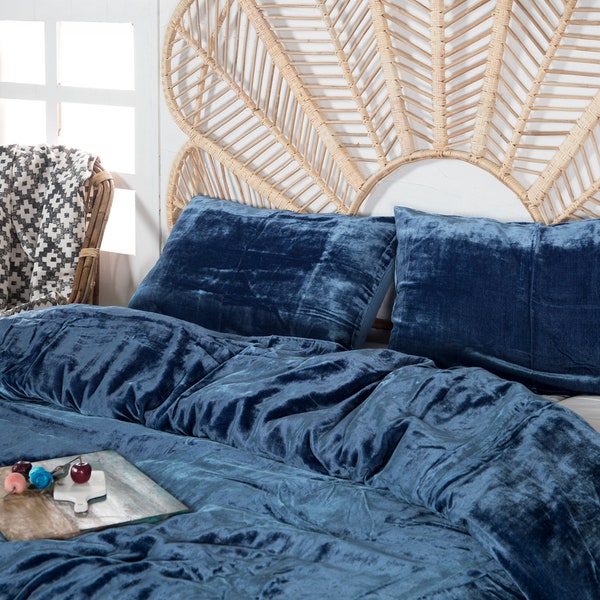 Ensemble de 3 pièces Housse de couette en velours écrasé de luxe Literie Boho Housse de couette UO Housse de couette Housse de couette Housse de couette bleue Literie en velours doux