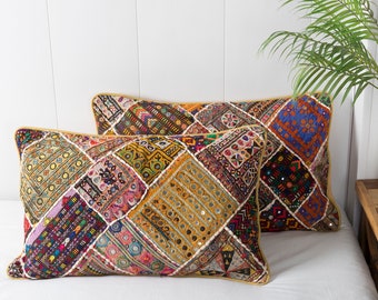 Vintage Patchwork Pillow Cover, Banjara Cushion Cover, Bohemian Throw Pillow, Indian Ethnic Mirror Work Pillow, Hand Embroidered  Pillow