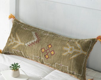 Cactus Silk Lumbar Pillow, Rustic Throw Pillow, Extra Long Lumber Pillow, Linen Pillow, Handmade sabra pillow Moroccan Decor Pillow  12x28