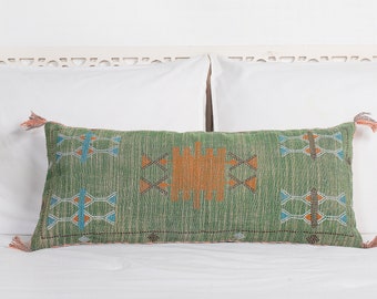 Green Cactus Silk Lumbar Pillow, Decorative Throw Pillow, Extra Long Lumber Pillow, Rustic Decor Linen Cushion, Handmade Pillow Cover 12x28