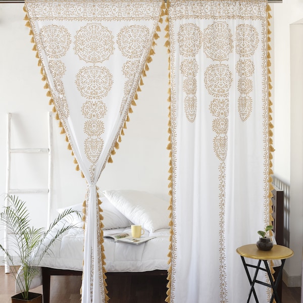 White Gold Mandala Medallion Moroccan Window Curtains Tapestry Indian Drape Balcony Room Divider Sheer Wall Hanging With Pom Pom Tassel Lace