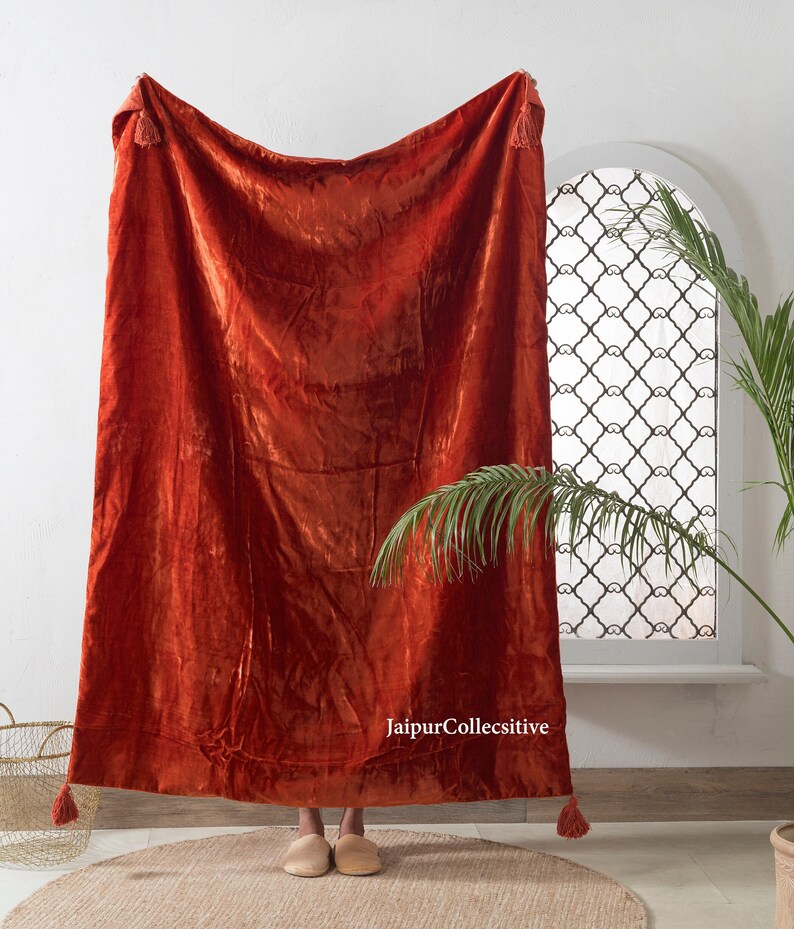 Luxury Crushed Rust Burgundy Velvet Throw Blanket With Tassels Etsy