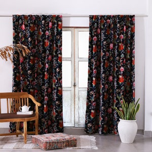 Black Floral Velvet Curtains, Custom Window Curtain Panels, Curtains for Living Room, Curtains, Curtain Panels, French Dining Room Curtains