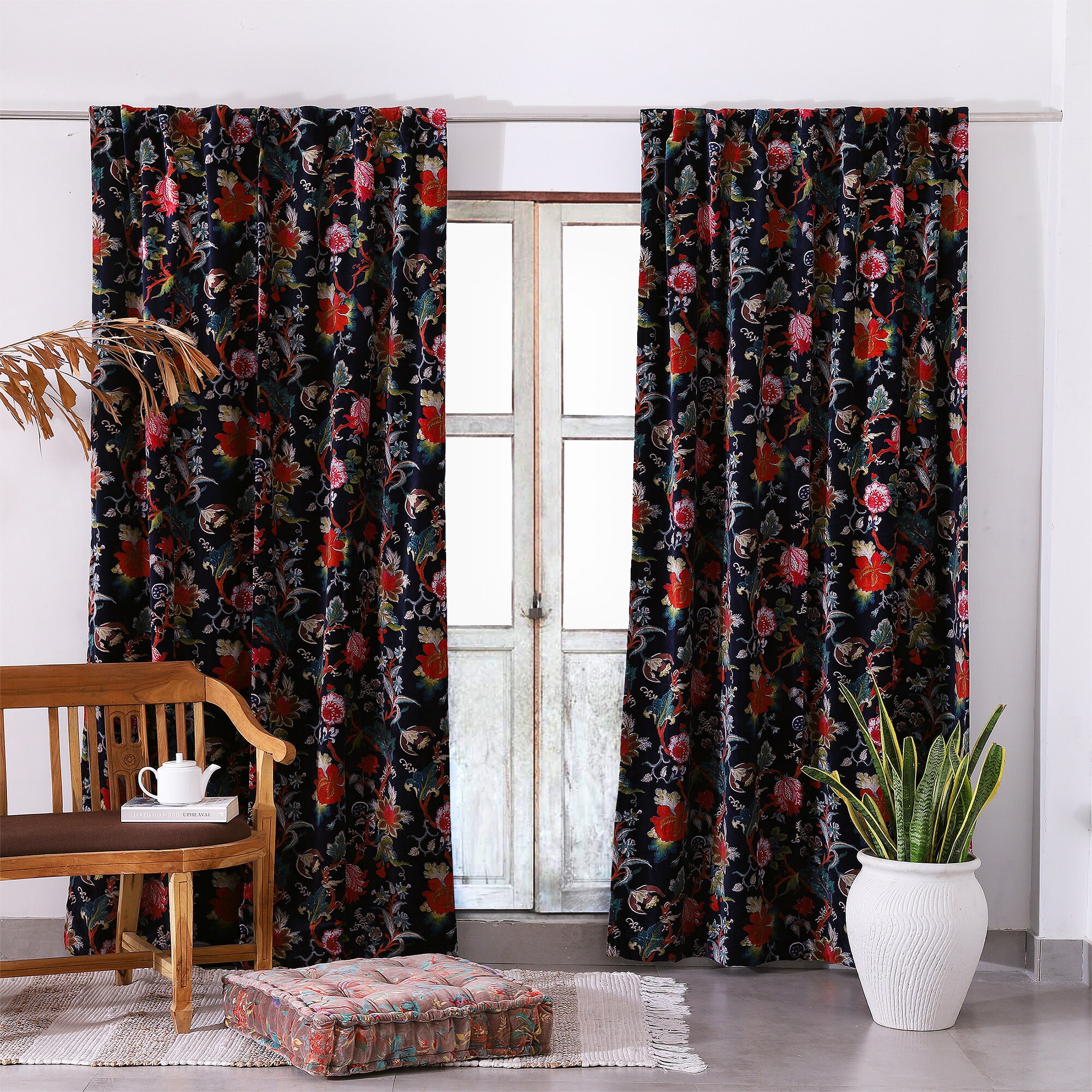 Black Floral Velvet Curtains Custom Window Curtain Panels Etsy