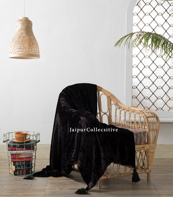 Luxury Crushed Black Velvet Throw Blanket With Tassels Soft Velvet