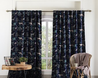 Navy Blue Jungle Tiger Printed Velvet Curtains, Custom Window Curtain, Boho Curtains for Bedroom Room, Modern Home Velvet Wide Drapes Panel