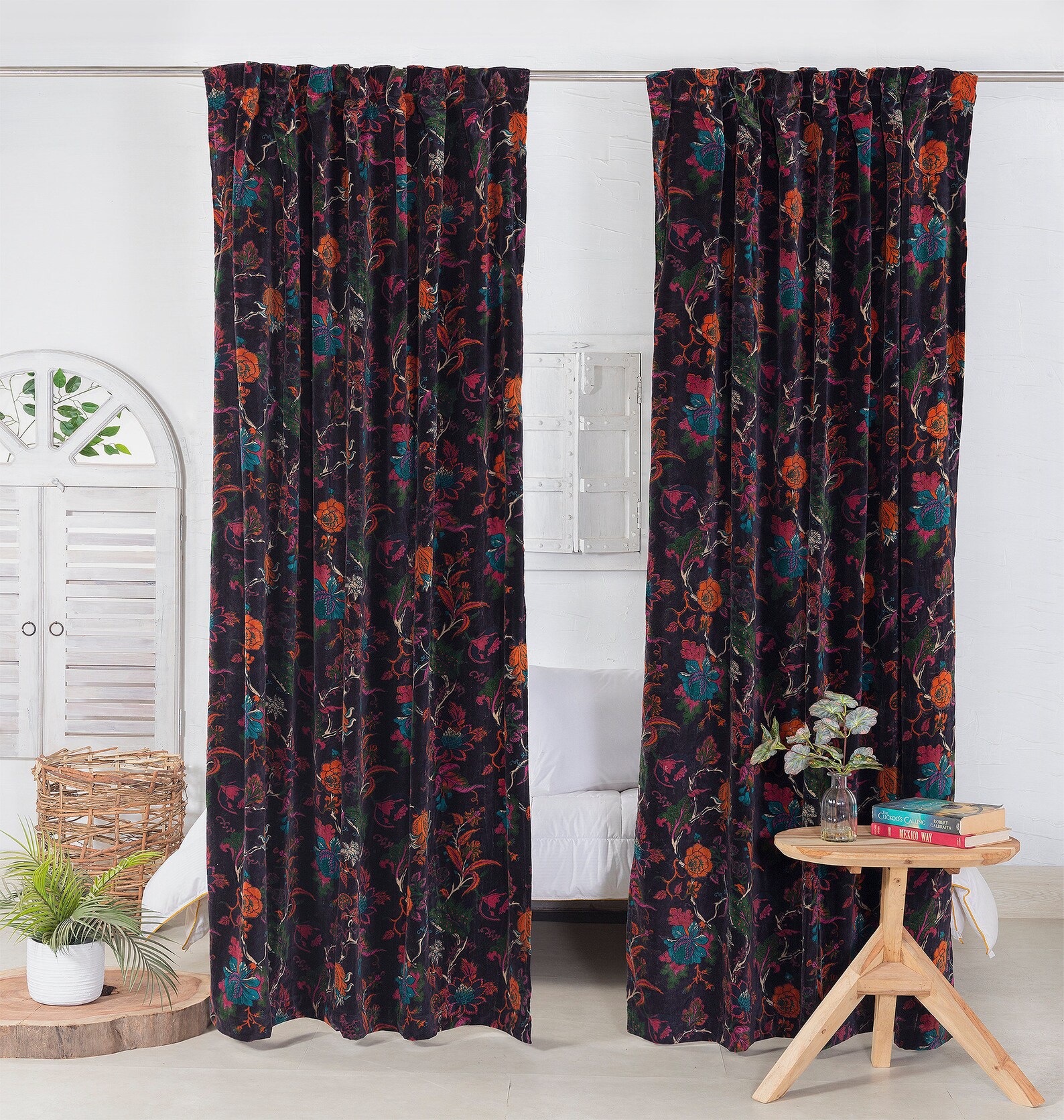 Black Floral Velvet Curtains Custom Window Curtain Panels Etsy