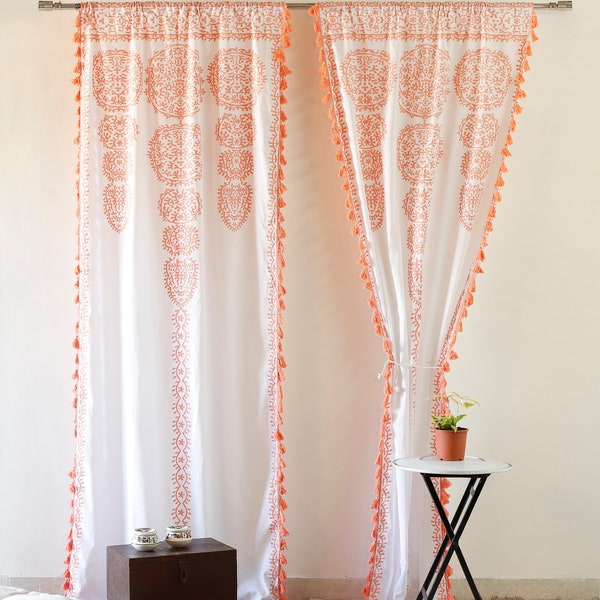 Moroccan Mandala Bohemian Hippie Window Doorway Curtains Tapestry  Drape Valance Room Divider Sheer Wall Hanging With Pom Pom Tassel Lace