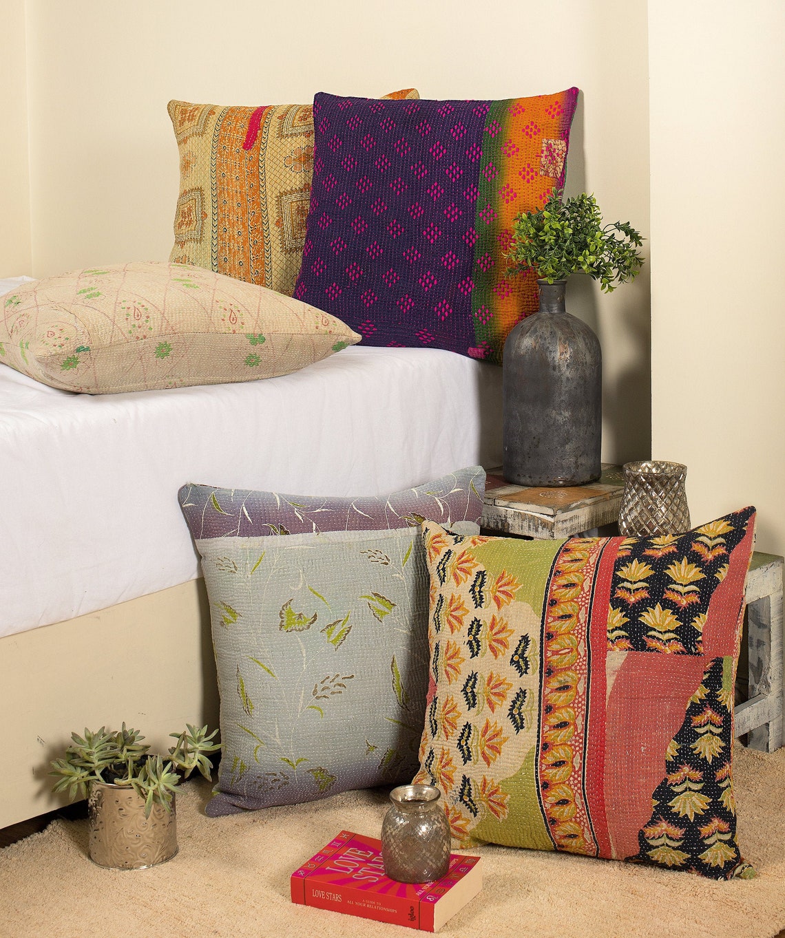 Set of 5 Pillow Vintage Kantha Pillow Covers Indian Bohemian Etsy