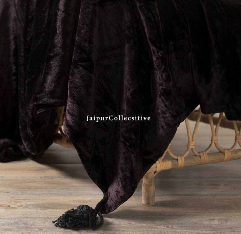 Luxury Crushed Black Velvet Throw Blanket With Tassels Soft Etsy