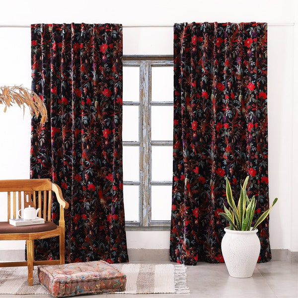 Black Bird Printed Velvet Curtains, Custom Window Curtain, Boho Curtains for Living Room, Modern Home Decor Curtains, Dining Room Curtains