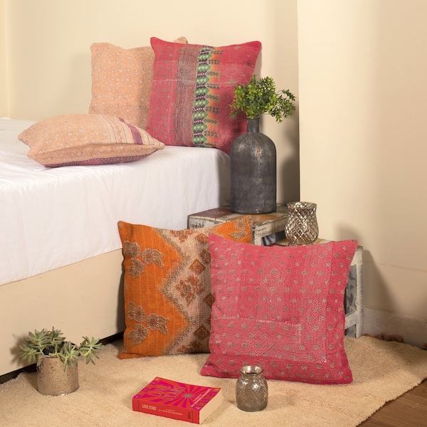 Set of 5 Pillow, Vintage Kantha Pillow Covers, Indian Bohemian Patchwork Kantha Cushion Cover, 16 x 16 Handmade Antique Kantha Throw Pillow