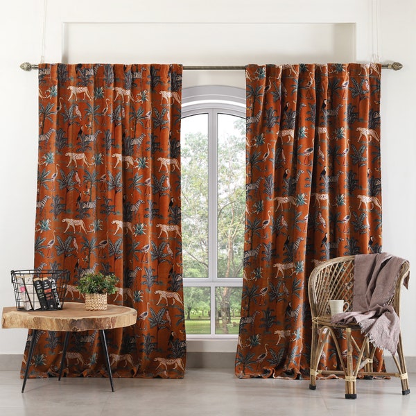 Jungle Tiger Printed Velvet Curtains, Brown Custom Window Curtain, Boho Curtains for Drawing Room, Luxury Hotel Velvet Wide Drapes Panel