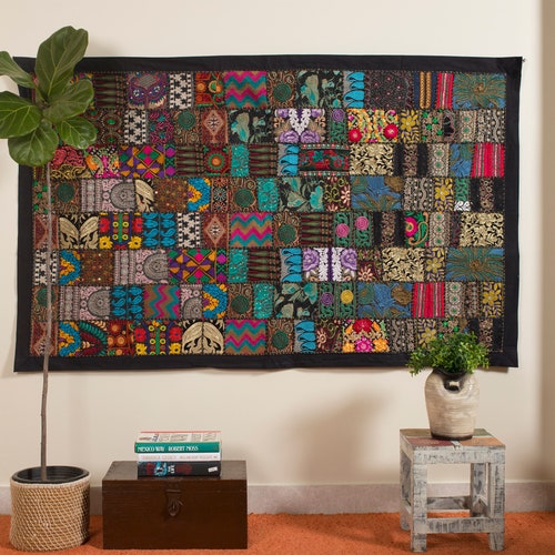 Wall Hangings Wall Décor Golden Vintage Indian Sari Patchwork Tapestry