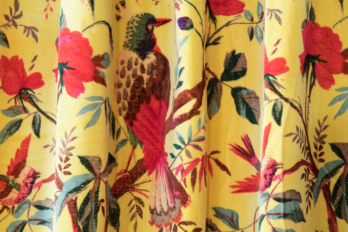 Yellow Bird Printed Velvet Curtains Custom Window Curtain Etsy