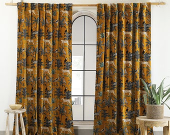 Mustered Yellow Jungle Printed Velvet Curtains, Custom Window Curtain, Boho Curtains for Living Room, Modern Home Velvet Wide Drapes Panel