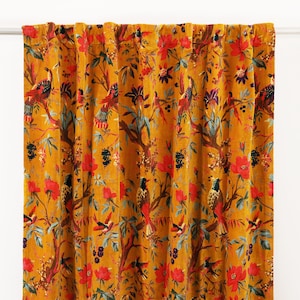 Yellow Bird Printed Velvet Curtains, Custom Window Curtain, Boho Curtains for Living Room, Modern Home Decor Curtains, Dining Room Curtains
