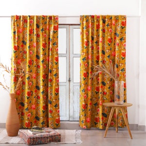 Yellow Floral Printed Velvet Curtains, Custom Window Curtain, Boho Curtains for Living Room, Modern Home Decor Curtains, Dining Room Curtain