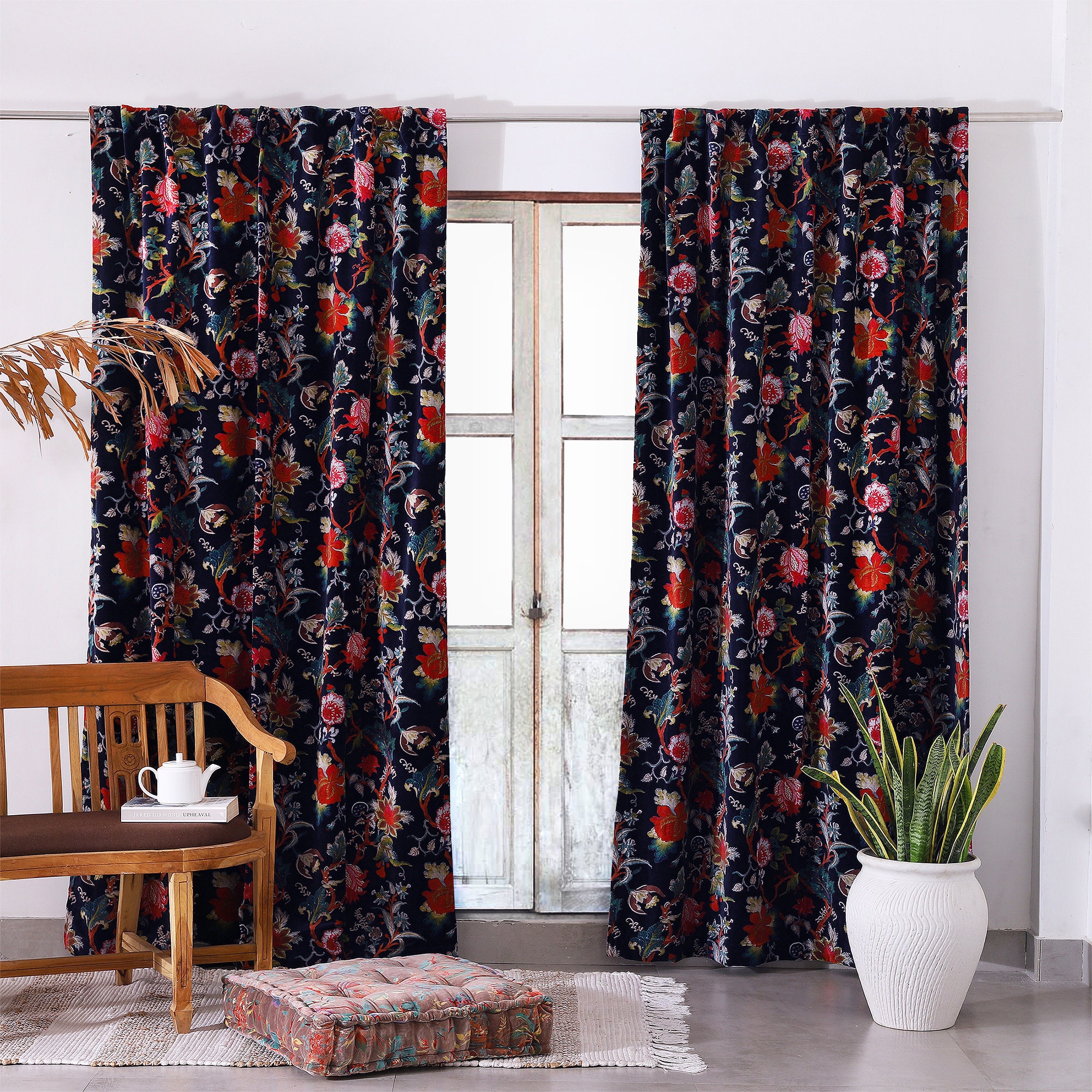 Blue Floral Velvet Curtains, Custom Window Curtain Panels