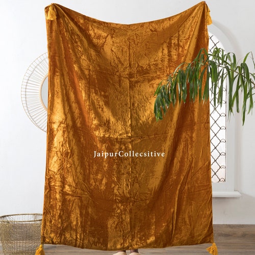 Luxury Crushed Gold Velvet Throw Blanket With Tassels Soft Etsy